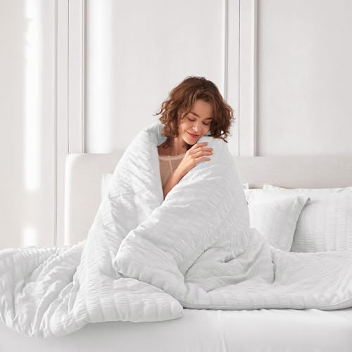 Image of MUXHOMO 7 Pieces King Comforter Set, Seersucker Bed in a Bag King Size, All Season Luxury Bedding Set with Comforter, Flat Sheet, Fitted Sheet, Pillowcases & Shams, White