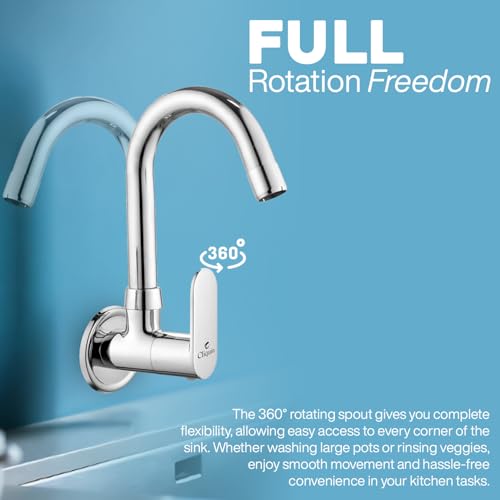 Image of Brass Sink Cock for Kitchen, 360 Degree Swivel Spout Single Lever Wall Mount Kitchen Tap with Foam Flow Aerator, Heavy Duty Chrome Finish Sink Faucet (Opal)