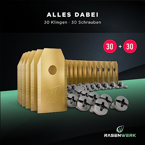 RASENWERK® - Hochwertige Ersatzmesser für Mähroboter - Kompatibel mit Husqvarna, Gardena, Yard Force mit innovativen Schrauben - Universal Ersatzklingen – Rasenroboter Messer Messerset – 30 Stk.