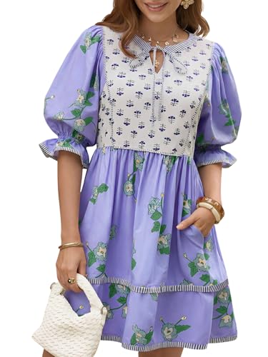 Image of Wenrine Womens Casual Floral Mini Dress Summer Patchwork Boho Shirt Dresses
