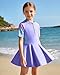 Ghteas Girls Short Sleeve Swimsuit Ruffle Skirt Summer Beach Swimwear with Zipper Swim Suits Size 7 Girls Purple Bathing Suits for 8 Years One Piece Swimsuit Size 7-8 for All Water Activities