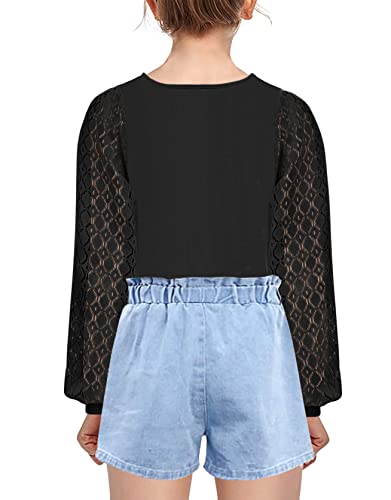 Image of Geckatte Girls Long Sleeve Shirts Square Neck Ribbed Blouse Lace Tops | Casual, Solid, Kids Cute Lace Puff Sleeve Tees, Lantern Long Sleeve, Ribbed Knit T Shirts, 5-14 Years