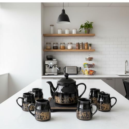 Image of Premium Ceramic Tea Set with Teapot and 6 Cups, Black with Gold Elephant Design, Traditional Indian Theme. (Black)