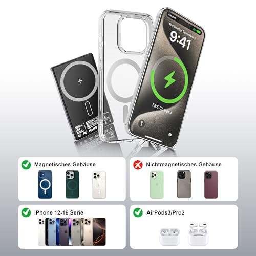 Power Bank Magnetisches Wireless Schnellladefunktion - 5000mAh Powerbank für Magnetische PD 20W Akkupack Ultra-schnelles Magnetische Kompatibles Portabel Powerbank Phone 17/16/15/14/13/12 (Grau)