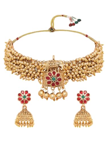 Collier ras du cou plaqué or 24 carats laiton perles Ghungroo rubis