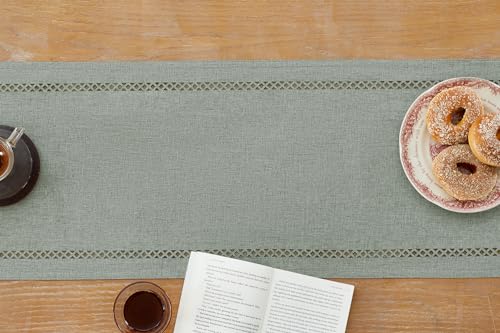 Aoztio Burlap Style Farmhouse Table Runner, 13 x 72 Inch Grey, Rustic Geometric Hollow Table Runners 72 Inches Long for Dresser Table Everyday Use, 13x72 Inches, Grey by Aoztio - Used condition - Image 2