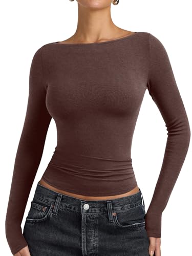 PINKMSTYLE Womens Boat Neck Basic Fall Winter Long Sleeve Tops Slim Fit Business Casual Going Out Top Brown XX-Large