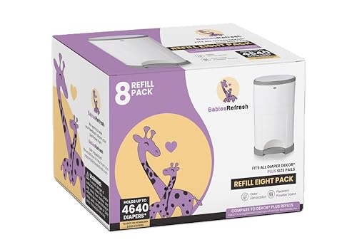 Image of BabiesRefresh Refills Compatible with DEKOR PLUS Diaper Pail Refills | 8 Pack | Diaper Pail Odor Eliminator| Fresh Powder Scent | Each Diaper Bag Refill Holds up to 4640 Diapers | Diaper bin refill