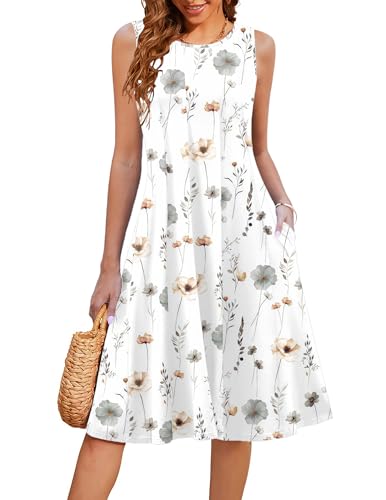 Image of HOTOUCH Summer Casual Dresses for Women Sleeveless Midi Dress Swing Tank Sundress Pleated Tshirt Dress with Pockets