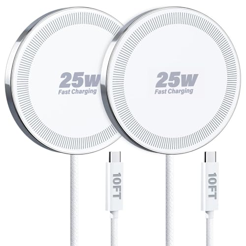 Image of 25W Wireless Charger for MagSafe, Magnetic Fast Charging Pad for iPhone 17 /16 /15 /14 /13 /12 Series & AirPods, Strong Magnet, Portable Wireless Charger for Travel Home Office (White, 2Pack(10FT))
