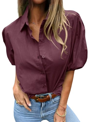 Image of Tankaneo Women's Button Down Shirts Short Puff Sleeve Collared Dressy Casual Blouse Tops