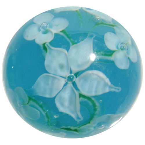 Big Game Toys~22Mm (7/8") Hibiscus Hand Made Art Glass Marble W/Stand Turquoise/Blue/White Flower #TOP14