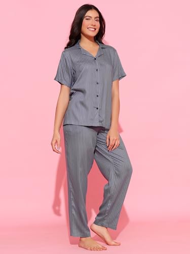 Image of Clovia Women's Rayon Printed Button-Down Shirt & Pyjama Set
