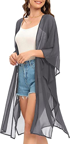 Image of Indian Trendy Women's Solid Puff Sleeve Kimono Long Cardigan Loose Cover Up Casual Blouse Top Chiffon