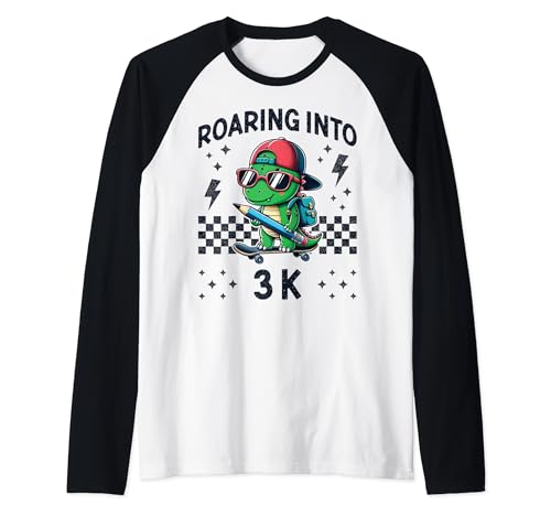 Roaring Into 3K Dinosaur Skateboard Back to School Kid Funny Raglan Baseball Tee