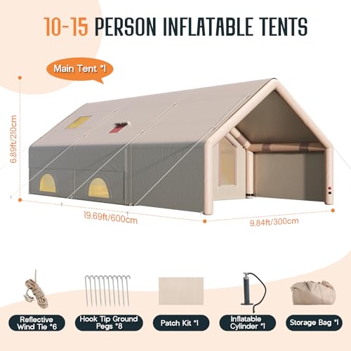 SPECRAFT Inflatable Tent for Camping, Large Blow Up Tent 10-15 Person with Easy Setup Pump, Skylight, Stove Jack, Doors, Waterproof Oxford Outdoor Cabin, Ideal for Family, Emergency Shelter, Glamping - Image 9