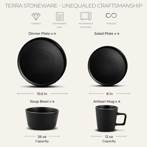 Image of Zulay Kitchen Terra Plates and Bowls Sets, 16 Piece Modern Stoneware Dish Set for 4, Chip and Scratch Resistant Ceramic Dinnerware Set, Microwave and Dishwasher Safe, Matte Black