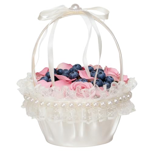 Canasta Para Niña De Las Flores De Boda | Pequeña Cesta Floral Para Ceremonias Con Lazo De Cinta - Decoración Romántica Para La Boda - Para Jardín Patio Exterior Interior Hogar Hotel Lugares