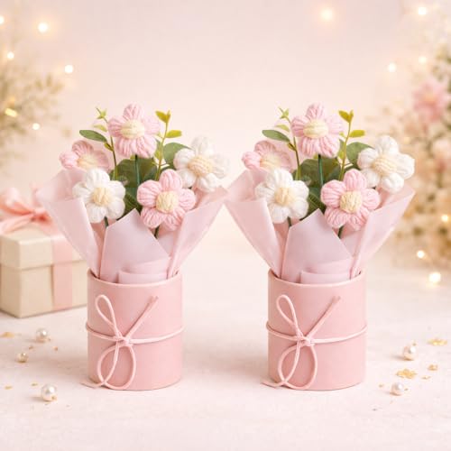 Image of Set of 2 Pink Crochet Flower Bouquet - Handmade Mini Knitted Daisy Flowers| Artificial Forever Flowers for Home Decor, Desk Decor, Birthday