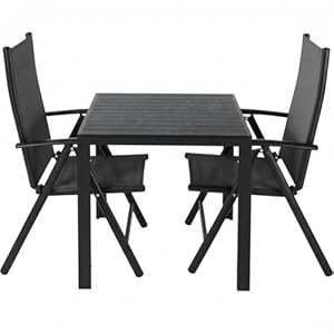 LIFERUN 3-Teiliges Gartenmöbel Set, Aluminium Balkonmöbel Set, 2pcs Verstellbare Hochlehner Klappstühle + 1 WPC Quadratisch Tisch, Essgruppe Sitzgruppe Outdoor, Wetterfest, Schwarz