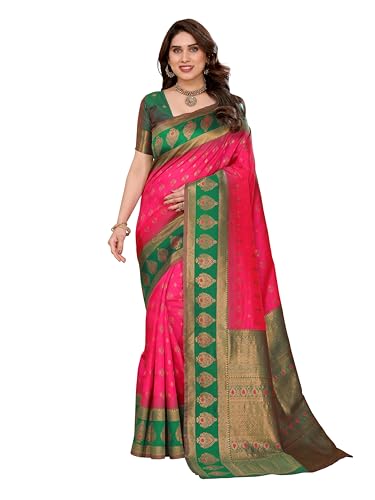 Image of Women's Kanjivaram Soft Silk Saree with Unstitched Blouse Piece Banarasi Weave Type and Jacquard Zari Design for Wedding and Parties