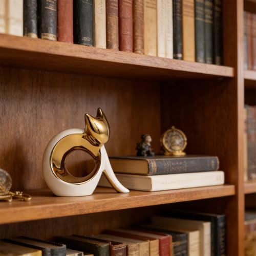 Figura de gato cerámico blanco y dorado electrochapado moderno miniatura 4