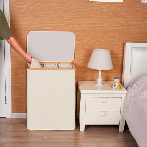 efluky Laundry Hamper 3 Section with lid and 3 Removable Bags, Beige - image 5
