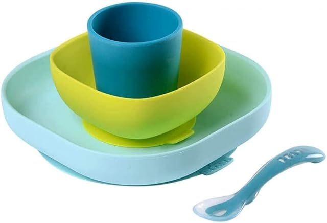 Béaba - Silicone Feeding Meal Set - Set of 4 Pieces : Plate + Bowl + Cup + Spoon - Silicone with Strong Suction pad - Baby and Children - Blue