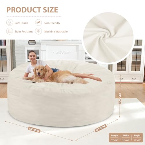 6FT Bean Bag Chair, Large Bean Bag Chairs with Memory Foam Filled, Fluffy Beanbag Sofa with Dutch Velvet Cover, Round BeanBag Chairs for Living Room, Playroom- Beige