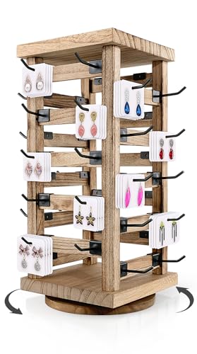 Fumingpal Wood Rotating Jewelry Display Stand, Wooden Earring Display Stands with 40 Removable Hooks, 5-Tier Jewelry Organizer for Earring Cards, Necklaces, Bracelets, Keychains (Square Shape)
