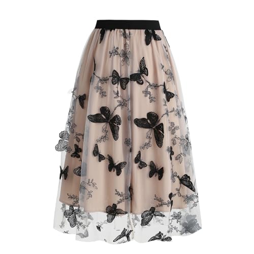 Women's Elastic High Waist Midi Mesh Skirt Butterfly Embroidery Beach A Line Princess Skirt3