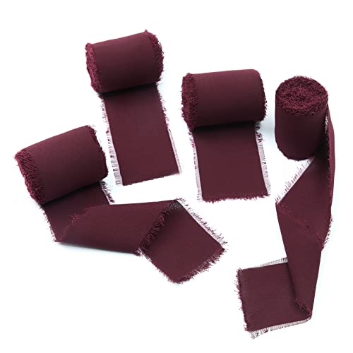 4 Rolls Burgundy Handmade Fringe Chiffon Silk Ribbon 2" W x 5Yd Per Roll,Frayed Edges Ribbon Set for Gifts Wrapping,Wedding Invitations,Bouquets,DIY Crafts (2" x20Yd, Burgundy)