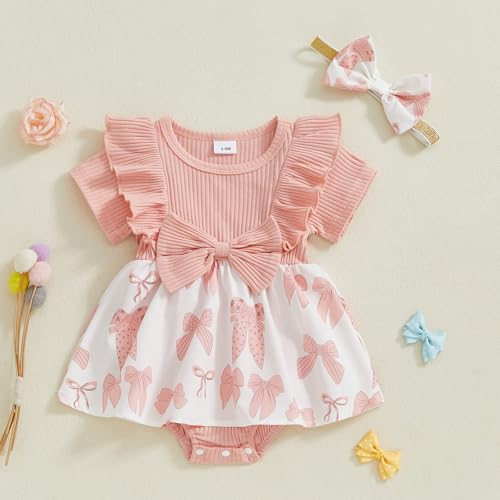Baby Romper Dress Newborn Girl Clothes Bowknot Onesie Ribbed Knit Jumpsuit Infant Summer Outfit2