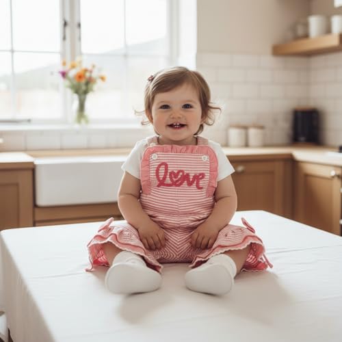Honganda Toddler Baby Girl Valentine\'s Day Outfit Overalls Love Romper Striped Bell Bottom Suspender Jumpsuit with Bowknot (Pink, 18-24 Months)