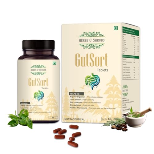 Herbs O’ Shrubs GutSort | Ayurvedic Gut Health Tablets | 60 Vegan Tablets | Digestive Enzymes With T...