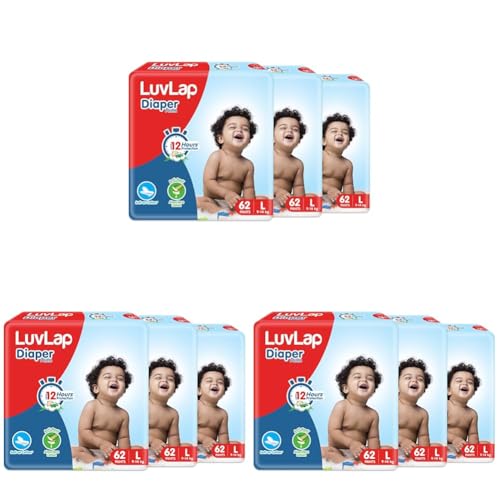Image of LuvLap Baby Diaper Pants L Size (Large), with Aloe Vera Lotion for rash protection, 186 Count (62x3), with upto 12Hr protection For babies of 9 to 14Kg, Super Jumbo pack (62 Count, Pack of 9)