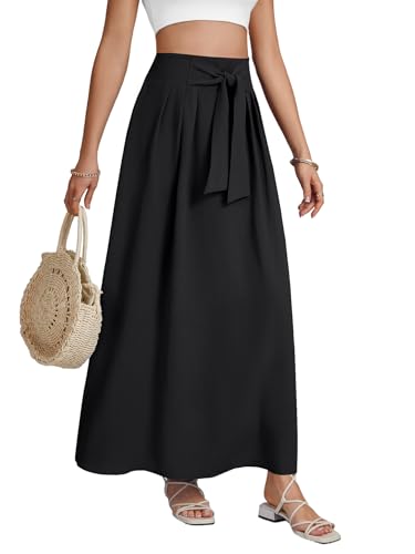 Rooscier Women's Tie Knot Front Pleated A Line High Waist Flowy Long Skirt3