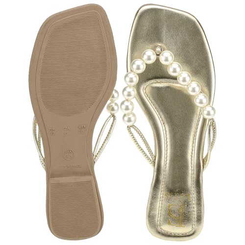 Rasteira de Pérolas Fashion Dourada Rasteirinha Tendência Ano Novo Sandália Saltinho Baixo 20-020 (O