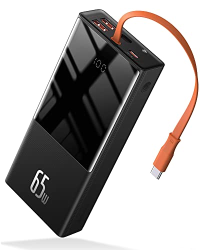 Baseus Powerbank 65W per Laptop, 20000mAh Powerbank USB C, Cavo USB-C Integrato, Batteria Esterna QC 3.0 con 4 Uscite per Lenovo, HP, Dell, MacBook Pro, iPhone, Samsung