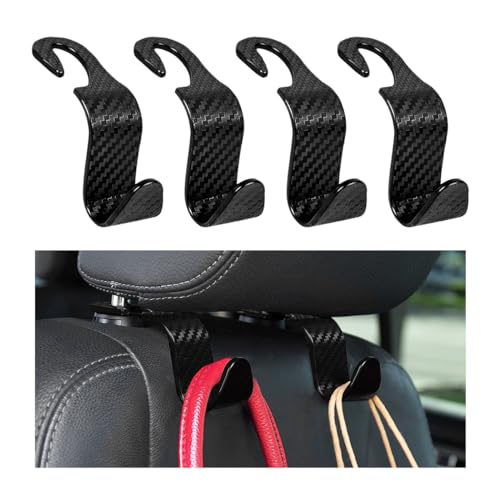povtii 4PCS Car Seat Headrest Hook, Auto Back Seat Hanging Storage Organizer, Vehicle Seatback Hanger Holder for Purse Handbag Coat Umbrella, Universal Interior Car Accessories (Carbon Fibre Black)