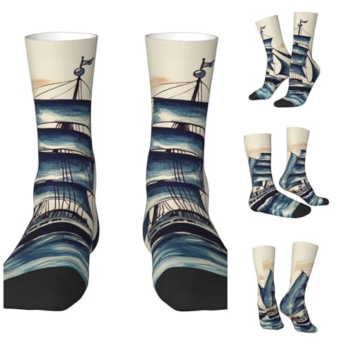 LZQPOEAS Nautical Sailboat Athletic Socks Unisex Cushioned Crew Socks Hiking Running Calf Sock Soft Above Ankle Sock