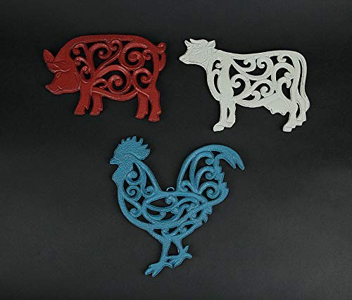 Zeckos DW71723 Set Of 3 Red, White, And Blue Cast Iron Cow, Pig, And Rooster Kitchen Trivets Decorative Wall Art Hangings thumb #5