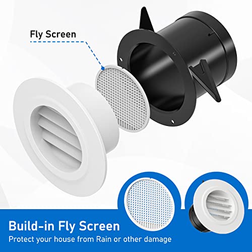 Image of Hon&Guan 3'' Air Vent Louver, Air Grill Cover with Built-in a Fly Screen for Bathroom Office Home (o75mm)