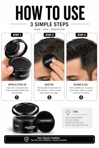 Image of Hair Line Powder Root Touch Up | Hairline Shadow Powder with Puff Applicator | Instant Hair Root Cover for Thinning Hair, Grey Roots & Bald Spots | Natural Matte Finish | Black