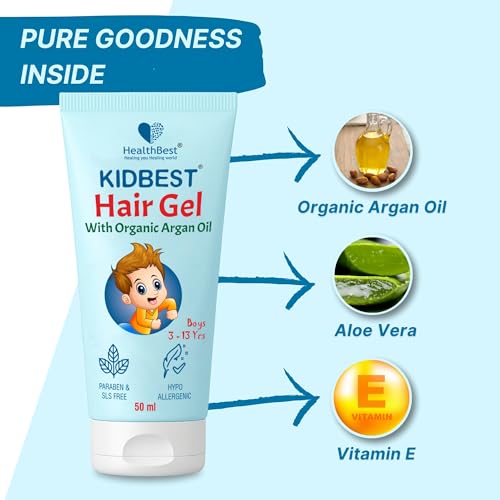 Healthbest Kids Hair Styling Gel - 50 ml - Organic Coconut Aloe Vera, Moringa, Argan & Kertine - Tear & Paraben Free - Enhances Vitamin B5 for Hair Growth & Damage Pack of 1