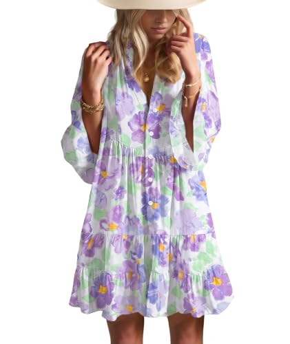 Image of Opemiby Summer Dresses for Women 2026 Flowy Ruffle 3 /4 Bell Sleeve V Neck Tiered Casual Babydoll Boho Floral Beach Mini Dress