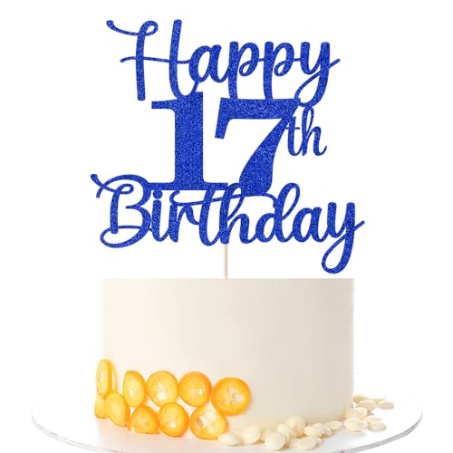 Kaoenla Glitter Happy 17th Birthday Cake Topper,Hello 17?Cheers to 17 Years,17th Anniversary /17 years old birthday Party Deco (17th, blue)