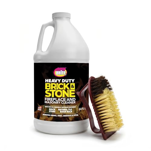 Quick n Brite Fireplace Brick and Stone Cleaner 64oz - Natural Stone Tile and Marble Cleaner with Scrub Brush - Indoor Fireplace and Wood Stove Cleaning Kit - Pellet Stove Creosote Remover