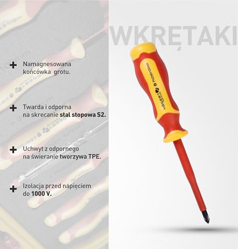 HÖGERT TECHNIK 12-częściowy zestaw narzędzi dla elektryków, izolowany wkrętak ręczny 1000 V, wkrętak szczelinowy i krzyżowy, szczypce, testy napięcia, walizka z tworzywa sztucznego zestaw narzędzi