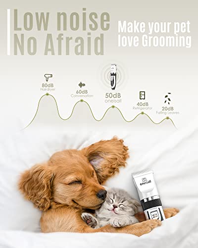 Image of oneisall Dog Clippers Low Noise Grooming Kit for Dogs Cats Pets | Cordless & Long Battery Life, Simple for Beginners, 6 Guide Combs, Removable & Rinsable Blade